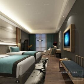 Návrh 3D modelu interiéru scény s oddělenými postelemi hotelu