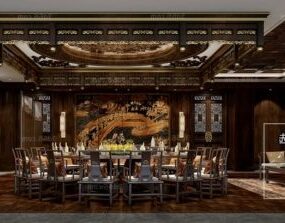 Mô hình nội thất không gian ăn uống cổ điển Trung Quốc 3d