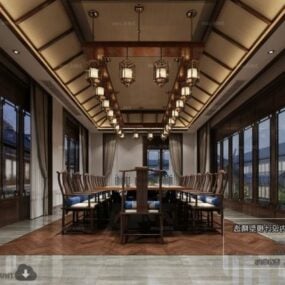 Escena interior del comedor de la villa china de lujo modelo 3d