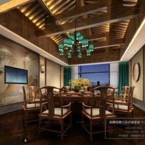 Chinese Wooden Dinning Room Interior Scene 3d model