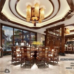 Mô hình nội thất phòng ăn phong cách gỗ Trung Quốc 3d