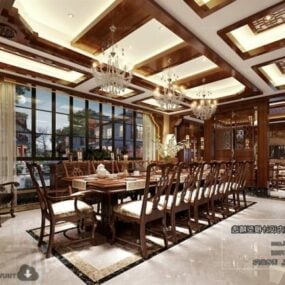 Escena interior de comedor grande de lujo asiático modelo 3d