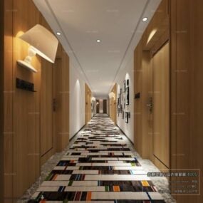 Modello 3d della scena interna del corridoio dell'hotel contemporaneo