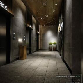 Modelo 3D da cena interior do lobby do cinema com azulejos de pedra