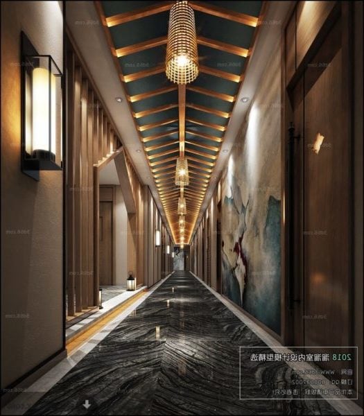 Chinese Design Hotel Lobby Interior Scene