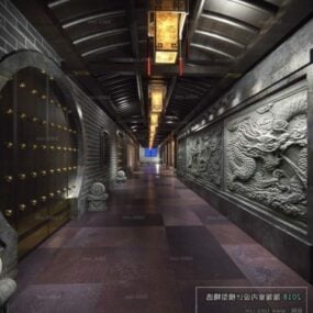 Modelo 3D da cena interior do lobby do corredor em estilo chinês