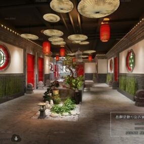 Kinesisk byggnad hotell inomhus trädgård interiör scen 3d-modell