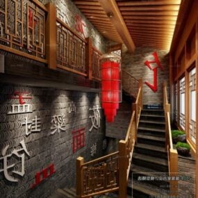 Κινεζικό λόμπι με ξύλινη σκάλα εσωτερική σκηνή τρισδιάστατο μοντέλο