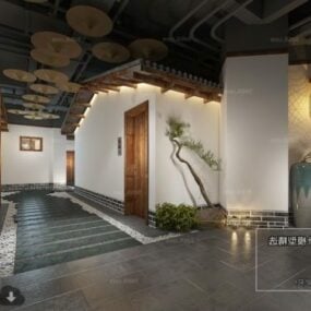 Hotel de estilo chino clásico con escena interior del vestíbulo modelo 3d