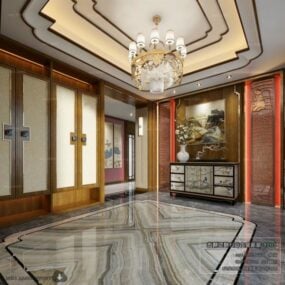 Asiatische Luxus-Klassiker-Villa-Halle-Raum-Innenszene 3D-Modell