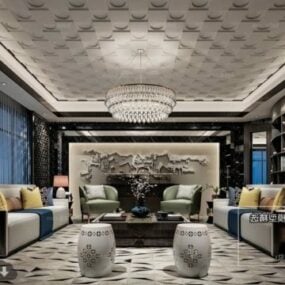 Modelo 3d de cena interior de sala de estar de luxo em estilo chinês