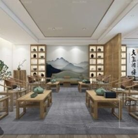 مشهد داخلي لغرفة الاستقبال الخشبية على الطراز الصيني نموذج ثلاثي الأبعاد