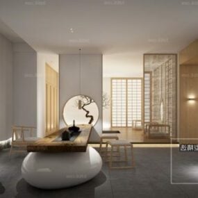 مدل سه بعدی صحنه داخلی اتاق پذیرایی به سبک مینیمالیستی چینی