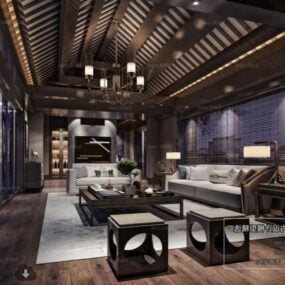 3D model scény interiéru obývacího pokoje v asijském stylu