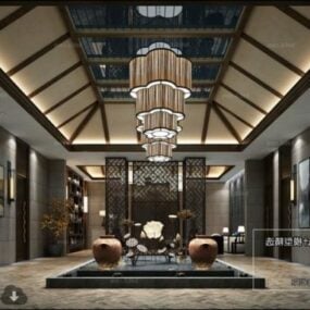 Luxury Resort Reception Room With Pond Interior Scene 3d model