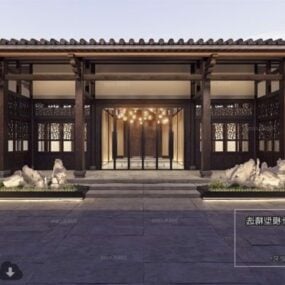 家のインテリアシーンの中国風の中庭3Dモデル