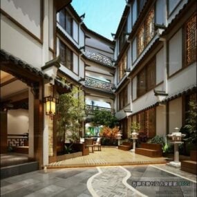 प्राचीन चीनी होटल आउटडोर आंतरिक दृश्य 3डी मॉडल