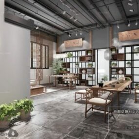 Modern kinesisk stil mottagningsrum med hyllor interiör scen 3d-modell