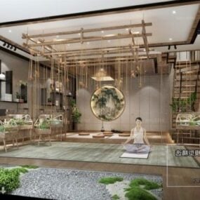 Δωμάτιο γιόγκα με τρισδιάστατο μοντέλο εσωτερικής σκηνής πράσινου σχεδίου