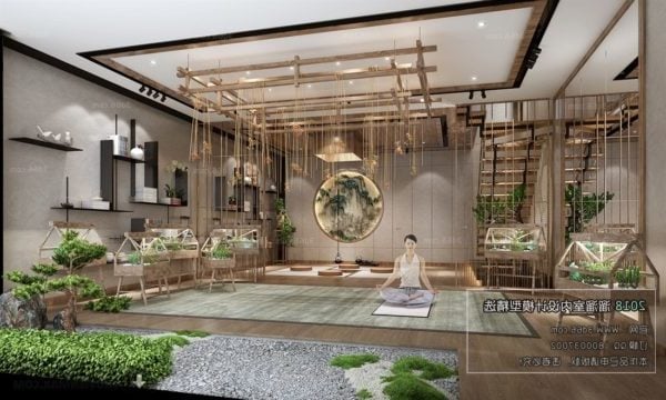 Yoga Room With Green Design Interior Scene