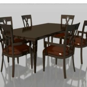 6 Seats Wood Dining Set Furniture 3d model