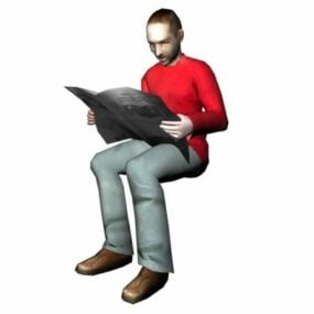 キャラクター成人男性が座って新聞を読む3Dモデル