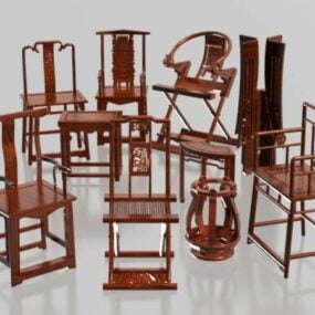 مجموعة من الكراسي الصينية التقليدية نموذج ثلاثي الأبعاد