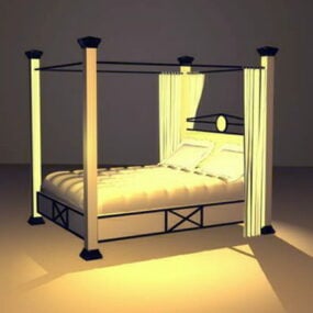تخت خواب چهار پوستری با پرده مدل سه بعدی