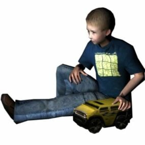 खिलौना 3डी मॉडल के साथ बैठा छोटा लड़का
