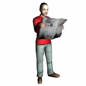 कैरेक्टर मैन खड़ा होकर अखबार पढ़ रहा है 3डी मॉडल