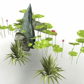 Pond Lotus Flower And Rockery 3d model