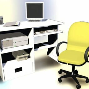 โต๊ะคอมพิวเตอร์แบบดั้งเดิมพร้อมคอมพิวเตอร์และเก้าอี้แบบจำลอง 3 มิติ