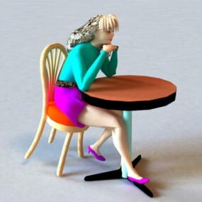 कॉफ़ी टेबल पर बैठी महिला 3डी मॉडल