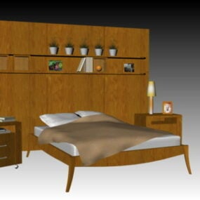 Wood Bed With Bedroom Accessories 3d model