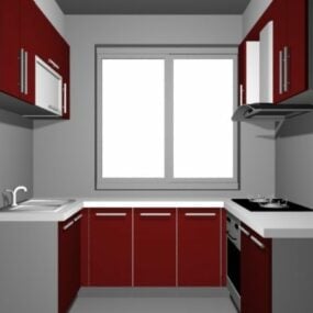 نموذج تصميم مطبخ صغير على شكل حرف U باللون الأحمر ثلاثي الأبعاد
