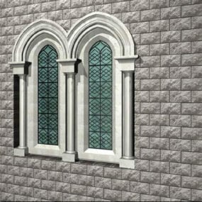 格子のあるアンティークスタイルのアーチ窓3Dモデル