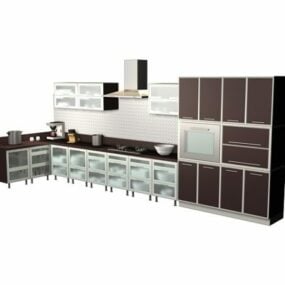 Single Line Kitchen Cabinet Brown Color 3d model