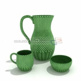 Green Ceramic Water Jar With Cups 3d model