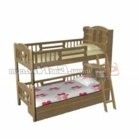 3д модель детской деревянной двухъярусной кровати с мебелью