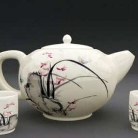 Service à thé en porcelaine chinoise blanche modèle 3D