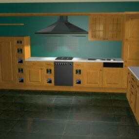 Mô hình 3d thiết kế nhà bếp mở bằng gỗ cổ điển