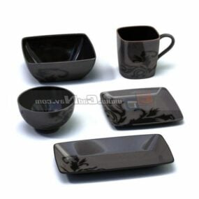 โมเดล 3 มิติชุดจานชามดินเผาสีดำ