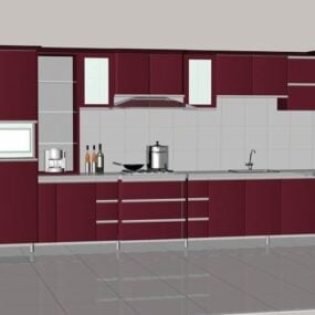 Red Straight Line Kitchen Cabinets 3d model