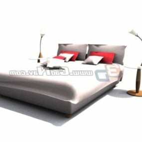 3д модель двуспальной кровати, мебели, прикроватного светильника