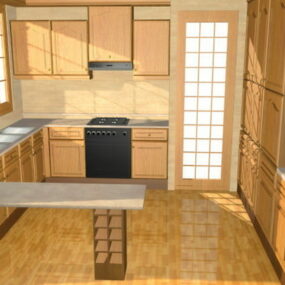 آشپزخانه چوبی آپارتمان با پیشخوان مدل سه بعدی