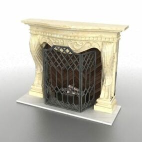 Vintage Fireplace With Fire Screen 3d model