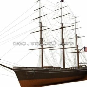Trä segelbåt med flagga 3d-modell