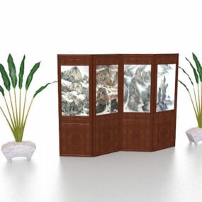 Wood Folding Screen With Plant 3d model