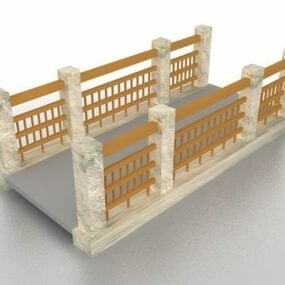 Pont de jardin en bois et pierre avec rails modèle 3D