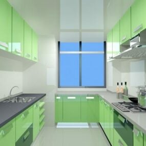 Green Color U Shape Kitchen 3d model
